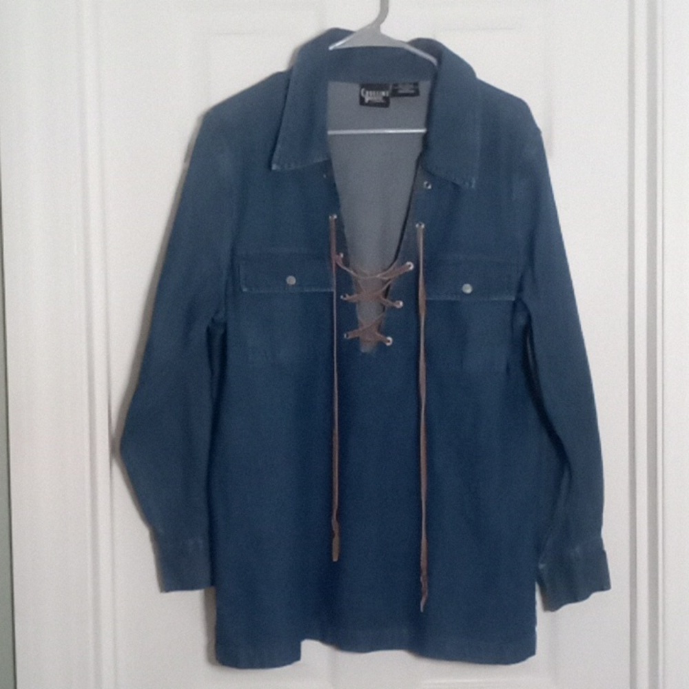 Denim tunic pullover lace up Crossing Pointe Cotton